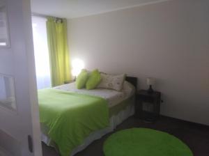 a bedroom with a bed with green sheets and a window at Avenida Ecuador in Santiago