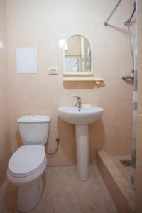 y baño con aseo, lavabo y espejo. en Панама, en Lazarevskoye