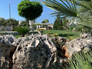 a large rock in the middle of a garden at B&B Villa Grassi in Alberobello