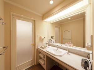 a bathroom with a sink and a large mirror at Hotel Fine Biwako I in Moriyama +16 photos