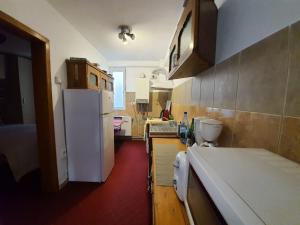 a kitchen with a white refrigerator and a red floor at Tudor View Apartament in Sinaia +23 photos