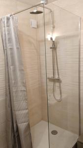 La salle de bains est pourvue d'une douche avec une porte en verre. dans l'établissement T2 55m2 Perpignan proche centre ville et gare avec parking, à Perpignan
