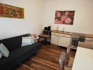 a living room with a couch and a kitchen at Lemone in Zweibrücken +6 photos