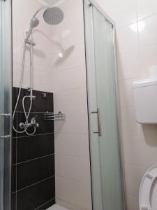 a shower with a glass door in a bathroom at Paris apartment -Free private parking in Novi Sad +20 photos