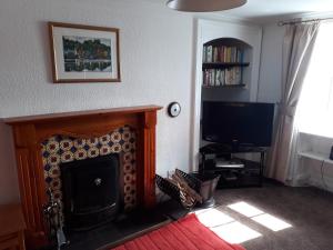 a living room with a fireplace and a television at Colebrook Cottage in Isle of Whithorn