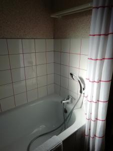 a bathroom with a bath tub with a shower curtain at Hameau des chaumes vue panoramique in La Bresse +61 photos