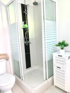 W łazience znajduje się prysznic ze szklanymi drzwiami. w obiekcie Superbe Studio Ultra COSY à 2 min de la PLAGE w mieście Sainte-Anne