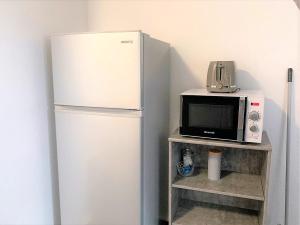 einen weißen Kühlschrank und eine Mikrowelle auf dem Regal in der Unterkunft MyHome Basel 3B44 in Saint-Louis