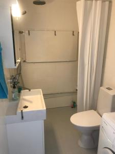 LohjaにあるTyylikäs rivitaloasunto Lohjallaのトイレと洗面台を備えた白いバスルーム +17枚の写真