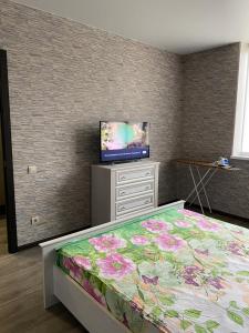 Schlafzimmer mit einem Bett und einem Flachbild-TV in der Unterkunft Уютная in Tschornomorsk