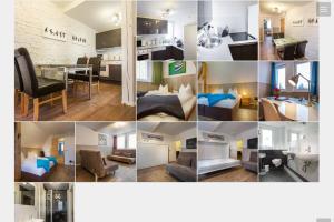 un collage de fotos de una habitación de hotel en H&H Apartment im Herzen der Stadt Nr 17-Karl mit Küche, Wohnzimmer und Esstisch, en Greifswald