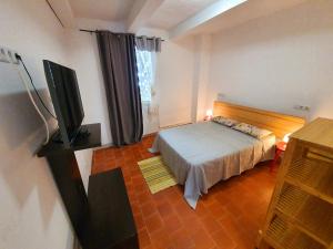 a bedroom with a bed and a flat screen tv at APPARTEMENT AGATHOIS-2 in Agde