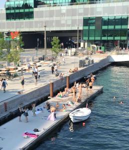 Guest rooms harbor view في كوبنهاغن: مجموعة من الناس في الماء على الرصيف