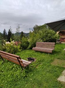 ロキトニツェ・ナト・イゼロウにあるFrantiskov 17の庭の芝生に座る二つのベンチ