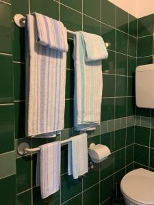 Baño de azulejos verdes con toallas colgadas en un estante en Hotel Garni Picnic, en Riccione