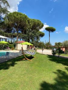 羅馬的住宿－La Casa di Irene，一个带游泳池和黄色遮阳伞的公园