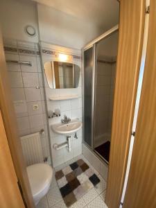 y baño con aseo, lavabo y ducha. en Haus Wildspitz en Neustift im Stubaital