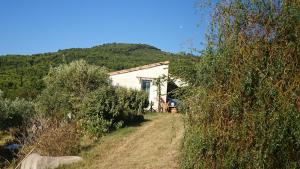 a white house with a hill in the background at Maison de Campagne l'étang in Seillans