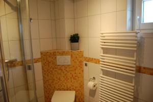 a bathroom with a toilet and a glass shower at Schlei-Rose in Schaalby +14 photos