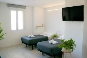 Una habitación con dos camas y un televisor de pantalla plana. en Alojamientos Teatro, en Porcuna