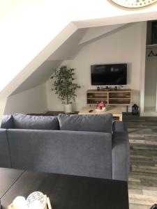 uma sala de estar com um sofá e uma televisão em Casa SM em Mennecy