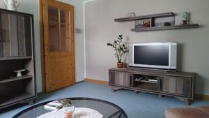 ein Wohnzimmer mit einem TV und einem Tisch in der Unterkunft Ferienwohnung Louise in Klingenthal
