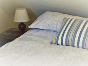 a bed with a blue and white pillow and a lamp at Oak Cottage in Taunton