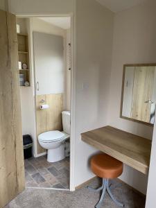 a bathroom with a toilet and a sink and a stool at Caravan Porthcawl in Porthcawl