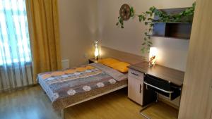 um pequeno quarto com uma cama e uma secretária em Quiet and cozy rooms in the center near the Old Town em Riga
