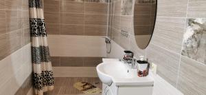 a bathroom with a sink and a shower curtain at Apartman in Velyka Bihan Берегівський район - Закарпаття in Velyka Bihanʼ +48 photos