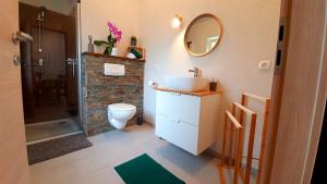 La salle de bains est pourvue d'un lavabo, de toilettes et d'un miroir. dans l'établissement Kozma Apartments Peterlewand, à Bodensdorf