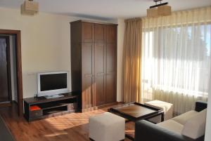 a living room with a couch and a tv and a cabinet at Spider House Aparthotel in Pamporovo