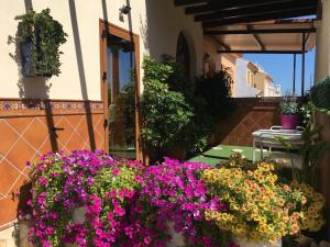 Un montón de flores están sentadas frente a un edificio en Apartment with private patio, en Fuengirola