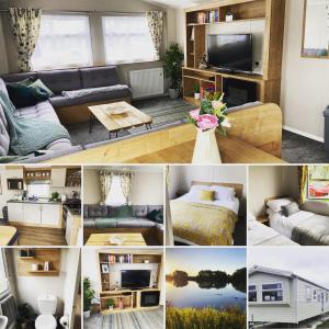 a collage of pictures of a living room at Hutchinson's Willerby Kelston with Hot tub in Cottam