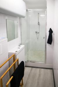 een badkamer met een douche en een wastafel bij Apartament Szczawno-Zdrój CENTRUM in Szczawno-Zdrój