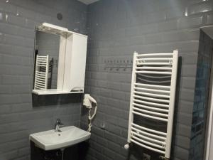 bagno con lavandino e specchio di Посуточно отличная квартира в центре a Užhorod