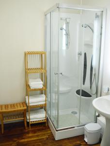 a glass shower in a bathroom with a sink at Champ De Foire in Sussac