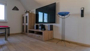 sala de estar con TV de pantalla plana en la pared en Ferienwohnung in der Mainleite für Vier en Baunach