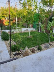 a garden with rocks and trees in a yard at Otopeni Airport Apartment in Otopeni