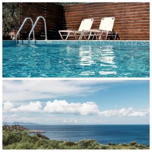 zwei Bilder von einem Pool mit Stühlen und dem Meer in der Unterkunft Fexulis Studios & Suites in Agios Nikolaos