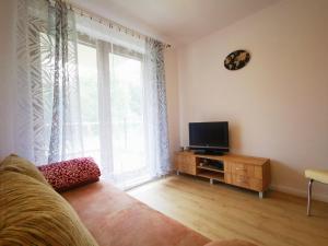 - un salon avec un canapé, une télévision et une fenêtre dans l'établissement Apartamenty EverySky - Ogrodnicza 7-9, à Karpacz