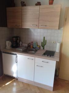 a small kitchen with white cabinets and a sink at Kakteengarten in Böchingen