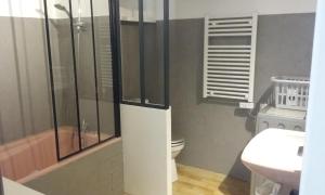 a bathroom with a shower and a toilet and a sink at appartement climatisé avec terrasse au coeur de Nyons in Nyons