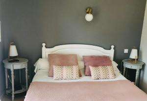 a bedroom with a white bed with pink pillows at L'acqua Viva in Calacuccia