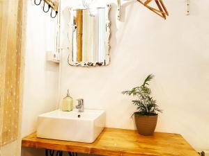 un bagno con lavandino bianco e pianta in vaso di Hostal Portugal a Barcellona