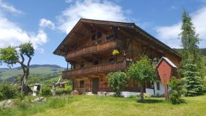 a large wooden house on a grassy hill at Schrandl Apartment Penningberg in Hopfgarten im Brixental