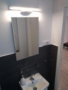 La salle de bains est pourvue d'un lavabo et d'un miroir. dans l'établissement City-Apartment Spreeufer im Herzen Berlins, à Berlin