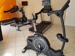 un gimnasio con 3 bicicletas estáticas y una cinta de correr en Hôtel Ariane, en Istres