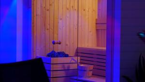 マルチェージネにあるPark Hotel Val Di Monte ***Sの紫色の光が入る木製の壁の客室です。