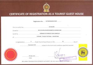 a certificate of registration as a tourist guest house at Di Sicuro Tourist Inn in Hikkaduwa